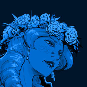 image of a freckled woman with a flower crown, all in blue hues